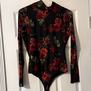 Black Floral Long-Sleeve Bodysuit with Red Rose Print